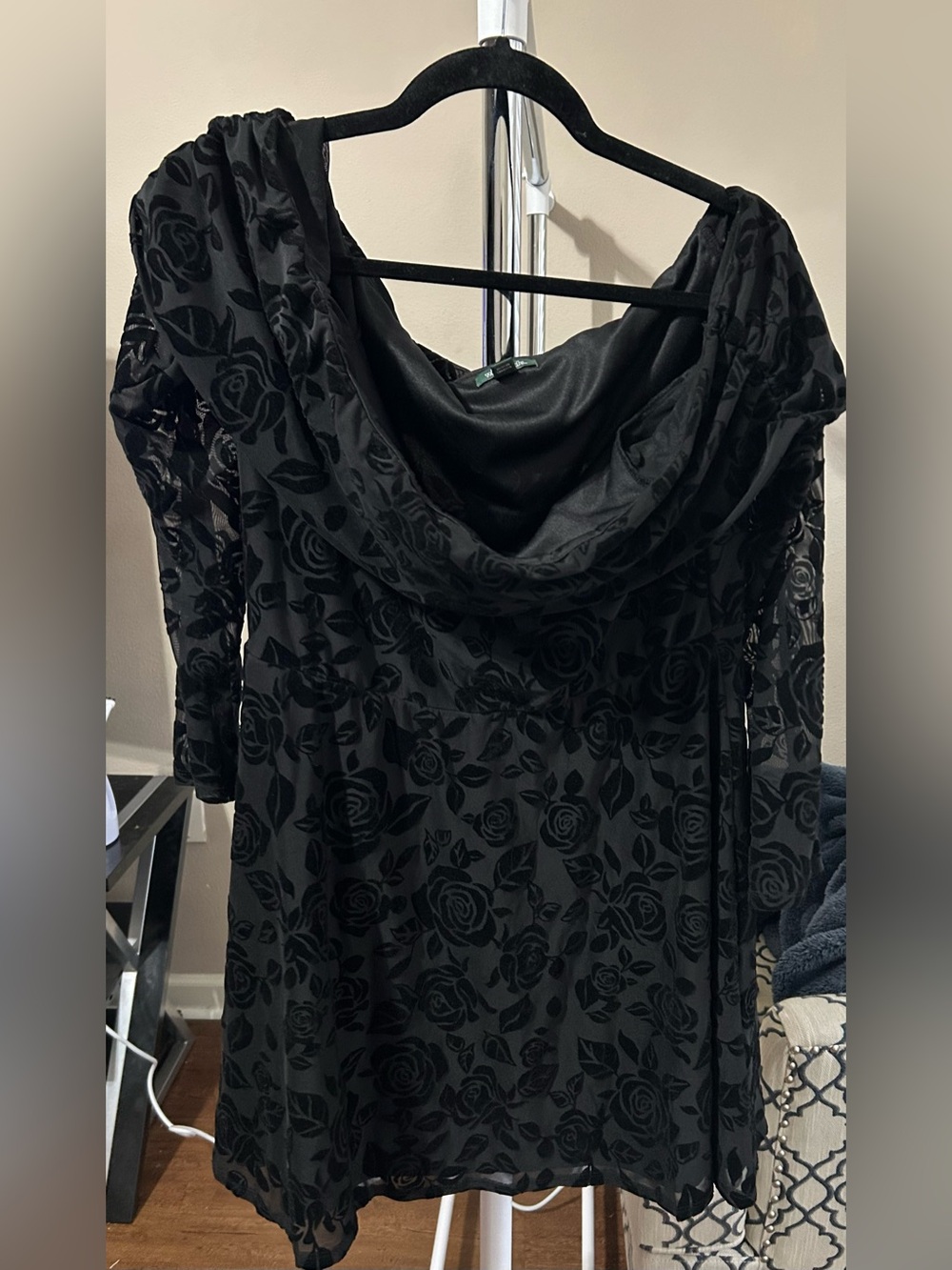 wild fable Black Velvet Floral Cowl Neck Long Sleeve Dress
